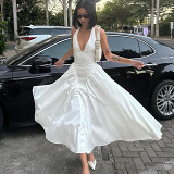 Solid sexy deep v neck halter a-line midi long dress women clothing