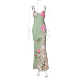 Flower printed sexy V neck slim long spaghetti strap dress women