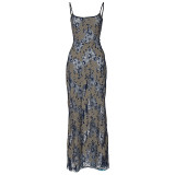 Fashion dyed printed stitching hollow back strap long dress