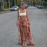 Summer floral print double-layer irregular ruffled skirt