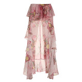 Summer floral print double-layer irregular ruffled skirt