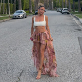 Summer floral print double-layer irregular ruffled skirt