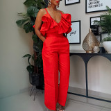 V-neck ruffled suspender top high waist trousers fashion suit