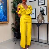 V-neck ruffled suspender top high waist trousers fashion suit