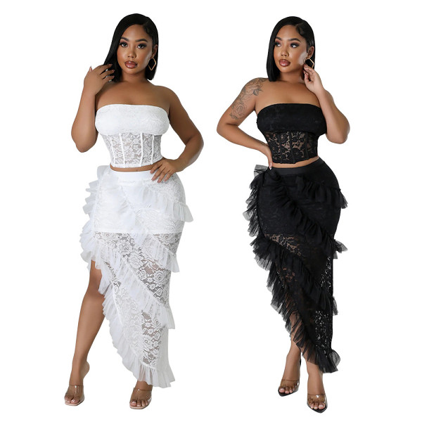Sleeveless lace tube top irregular overskirt solid color two-piece suit
