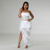 Sleeveless lace tube top irregular overskirt solid color two-piece suit