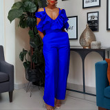 V-neck ruffled suspender top high waist trousers fashion suit