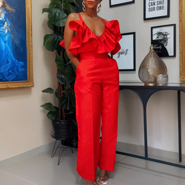 V-neck ruffled suspender top high waist trousers fashion suit