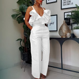 V-neck ruffled suspender top high waist trousers fashion suit