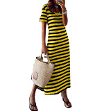 Loose printed striped short-sleeved dress with slit.