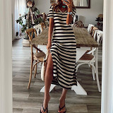 Loose printed striped short-sleeved dress with slit.