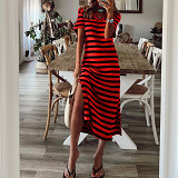 Loose printed striped short-sleeved dress with slit.