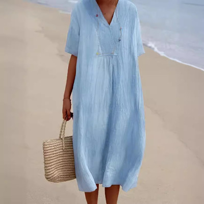 Cotton and linen women's solid color big V-neck fashion dress