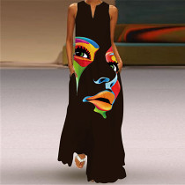 Sleeveless dress V-neck letter retro print dress