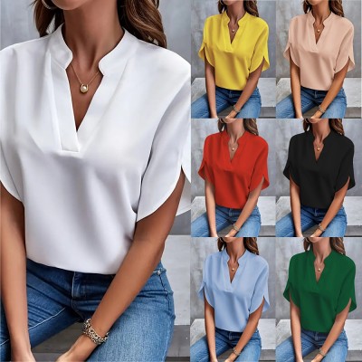 Summer casual solid color V-neck loose shirt top woman
