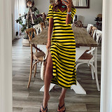 Loose printed striped short-sleeved dress with slit.