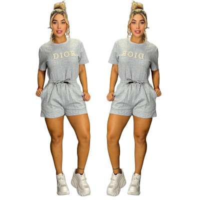 Fashion bubble bead embossed elegant ladies short sleeve shorts suit