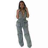 Hooded jumpsuit casual elastic nostalgic jumpsuit