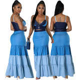 Contrast color summer suspender wrapped vest skirt suit