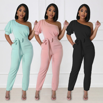 Fashion one-shoulder high waist backless slim tapered trousers women's jumpsuit