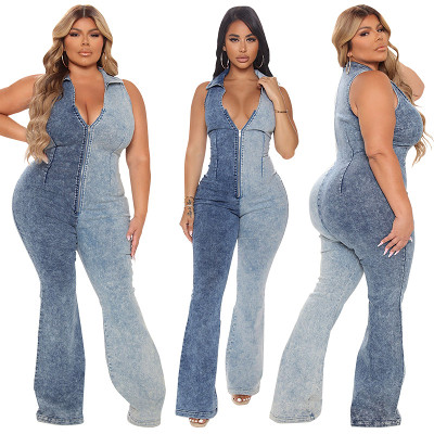 Color matching washing sexy sleeveless zipper denim jumpsuit