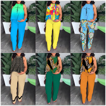 Plus size sleeveless printed casual shirt and trousers two-piece suit