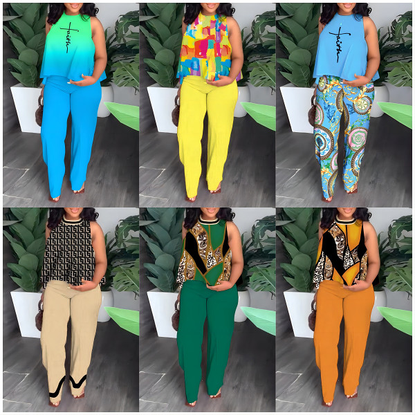 Plus size sleeveless printed casual shirt and trousers two-piece suit