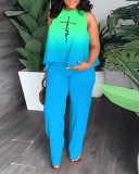 Plus size sleeveless printed casual shirt and trousers two-piece suit