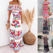 One-shoulder printed long big swing dress