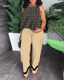 Plus size sleeveless printed casual shirt and trousers two-piece suit