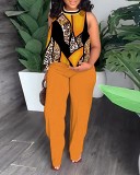 Plus size sleeveless printed casual shirt and trousers two-piece suit