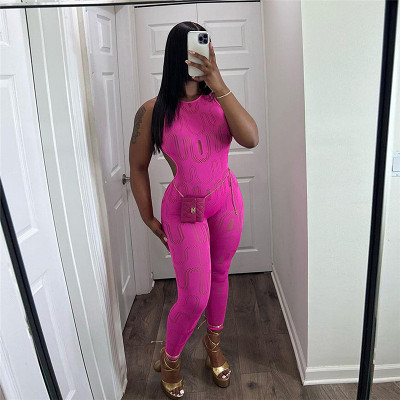 Summer new women's sleeveless hollow slim high waist long jumpsuit