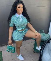 Digital printing abstract retro leisure splicing rib short sleeve shorts suit