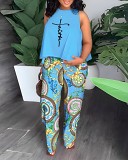 Plus size sleeveless printed casual shirt and trousers two-piece suit