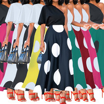 Multicolor diagonal shoulder short sleeve polka-dot holiday fashion elegant dress