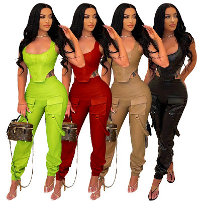 Sexy fashion chest wrapped high elastic PU leather two-piece suit