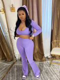 Three-piece solid color cardigan long sleeve sexy strapless leisure sports suit women
