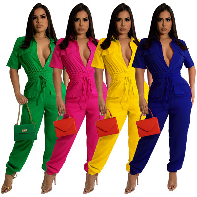 Solid color short-sleeved shirt collar slim strap ladies casual overalls jumpsuit