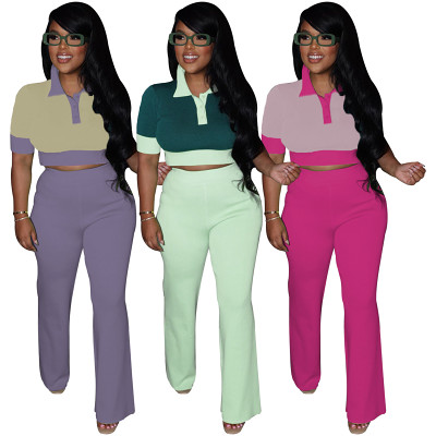 Patch matching POLO neck short-sleeved shirt wide leg trousers suit