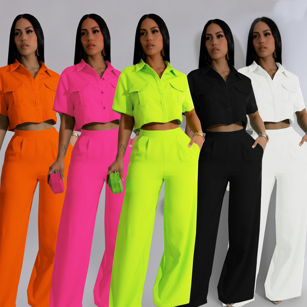 Summer new fashion lapel short sleeve high waist wide leg trousers fashion suit