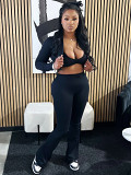 Three-piece solid color cardigan long sleeve sexy strapless leisure sports suit women