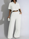 Summer new fashion lapel short sleeve high waist wide leg trousers fashion suit