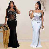 Women's suspenders party evening dress rhinestone mesh long dress