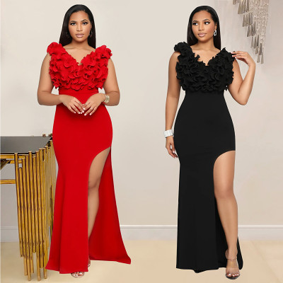 V-neck sleeveless long high slit party dress