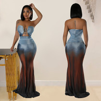 Sleeveless strapless long printed party dress