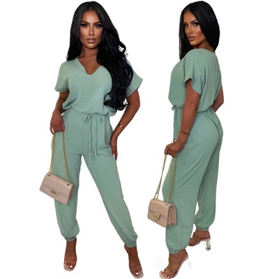 New elegant V-neck short-sleeved casual elastic waist loose casual toe jumpsuit