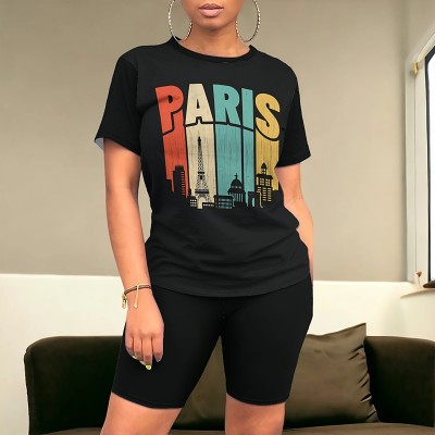Summer Printed Women Casual Short Sleeve Shorts 2 Piece Outfits