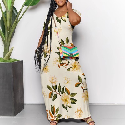 Short Sleeve V neck Summer Loose Casual Summer Long Dress