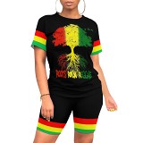 Summer Printed Women Casual Short Sleeve Shorts 2 Piece Outfits