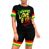 Summer Printed Women Casual Short Sleeve Shorts 2 Piece Outfits